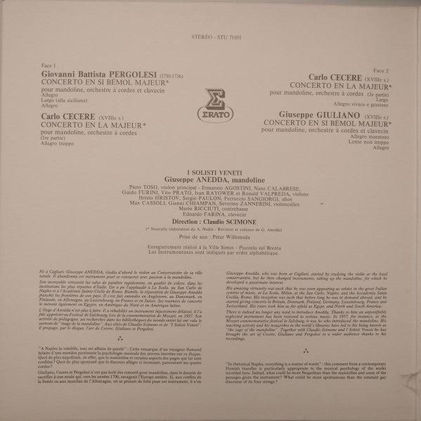 Pergolèse*, Cecere*, Giuliano* - Giuseppe Anedda, I Solisti Veneti, Claudio Scimone : Trois Concertos Pour Mandoline (LP)