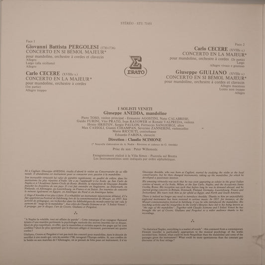 Pergolèse*, Cecere*, Giuliano* - Giuseppe Anedda, I Solisti Veneti, Claudio Scimone : Trois Concertos Pour Mandoline (LP)