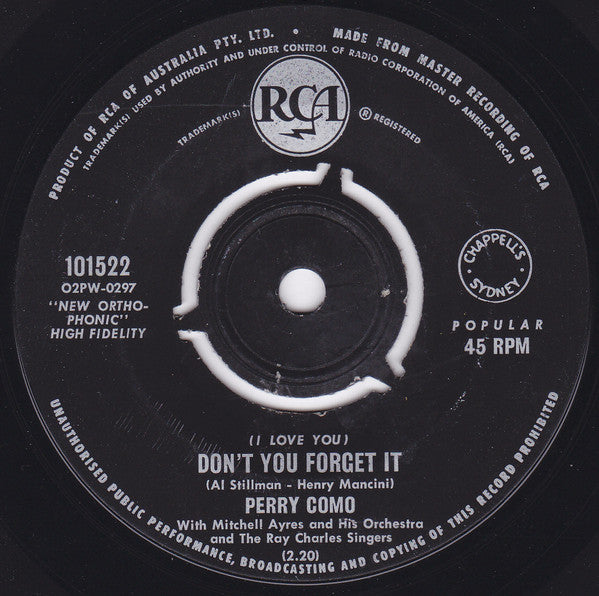 Perry Como : (I Love You) Don't You Forget It / One More Mountain (7", Single, 3 P)
