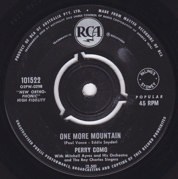 Perry Como : (I Love You) Don't You Forget It / One More Mountain (7", Single, 3 P)