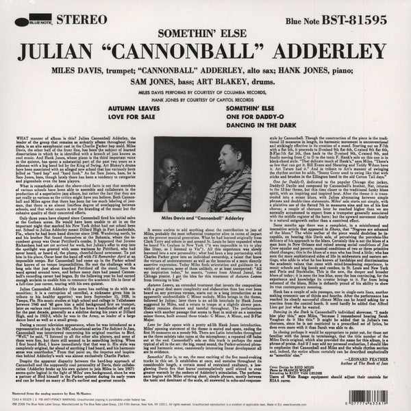 Cannonball Adderley, Miles Davis, Hank Jones, Sam Jones, Art Blakey : Somethin' Else (LP, Album, RE, RM)