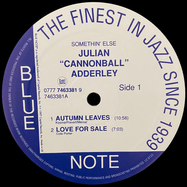 Cannonball Adderley, Miles Davis, Hank Jones, Sam Jones, Art Blakey : Somethin' Else (LP, Album, RE, RM)