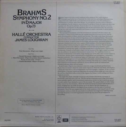 Johannes Brahms, Hallé Orchestra , Conductor James Loughran : Symphony No.2 In D Major (LP)