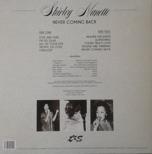 Shirley Nanette : Never Coming Back (LP, Album, RE, RM)