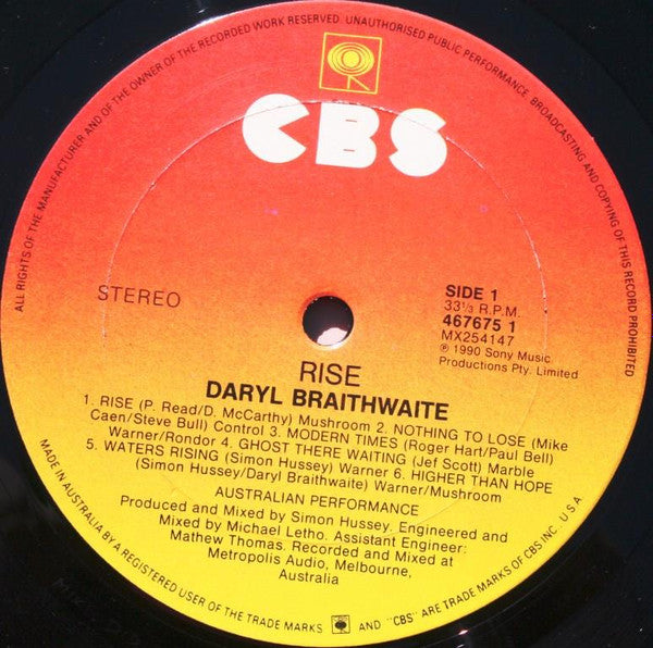 Daryl Braithwaite : Rise (LP, Album)