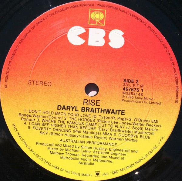 Daryl Braithwaite : Rise (LP, Album)
