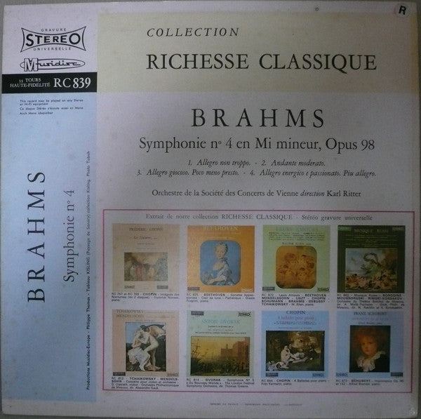 Johannes Brahms, Wiener Konzertverein Dirigé Par Karl Ritter : Symphonie No 4 En Mi Mineur, Opus 98 (LP, RE)