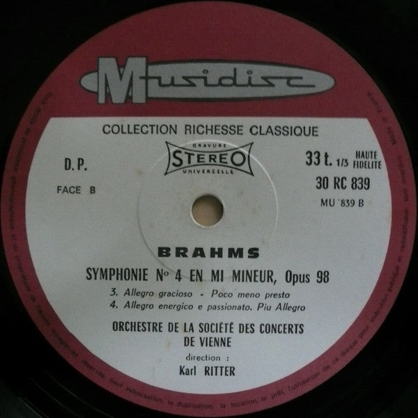 Johannes Brahms, Wiener Konzertverein Dirigé Par Karl Ritter : Symphonie No 4 En Mi Mineur, Opus 98 (LP, RE)