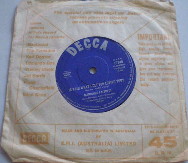 Marianne Faithfull : Is This What I Get For Loving You? (7", Single)