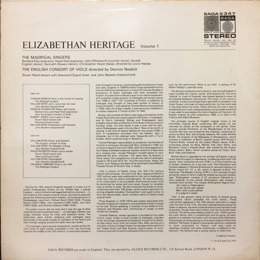 The Madrigal Singers (2), English Consort Of Viols : Elizabethan Heritage Volume 1 (LP)