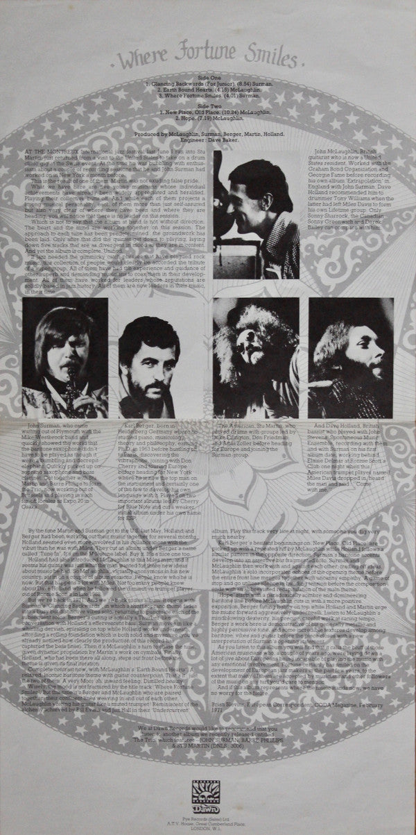 John McLaughlin, Dave Holland, John Surman, Stu Martin, Karl Berger : Where Fortune Smiles (LP, Album, RP)