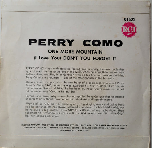 Perry Como : (I Love You) Don't You Forget It / One More Mountain (7", Single, 3 P)
