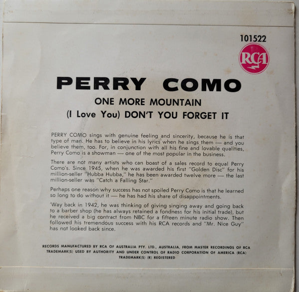 Perry Como : (I Love You) Don't You Forget It / One More Mountain (7", Single, 3 P)