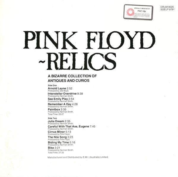 Pink Floyd : Relics (A Bizarre Collection Of Antiques And Curios) (LP, Comp, RE)