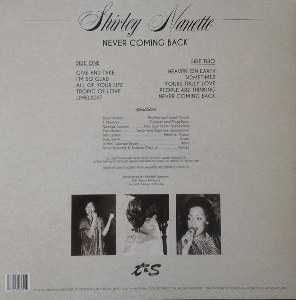 Shirley Nanette : Never Coming Back (LP, Album, RE, RM)