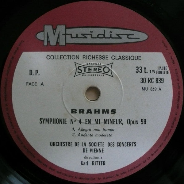 Johannes Brahms, Wiener Konzertverein Dirigé Par Karl Ritter : Symphonie No 4 En Mi Mineur, Opus 98 (LP, RE)