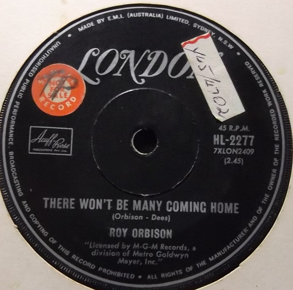 Roy Orbison : There Won't Be Many Coming Home / City Life (7", Single)